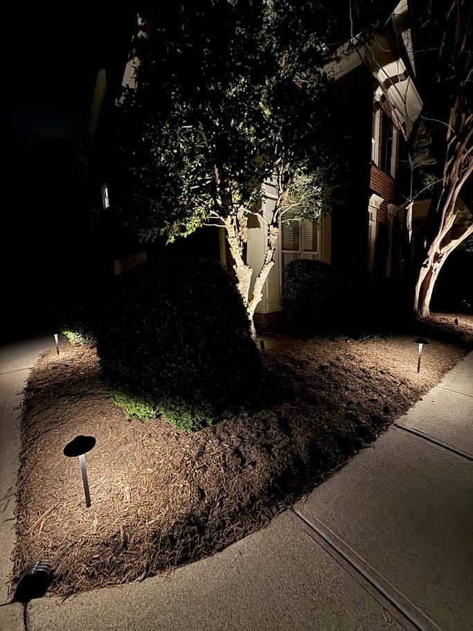 Landscape bed and uplighting at the front entry